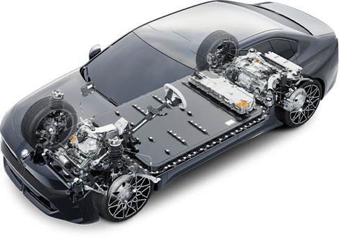 Transparent representation of the drive chain of the BMW i3 Sedan with highlighted drive train and battery architecture