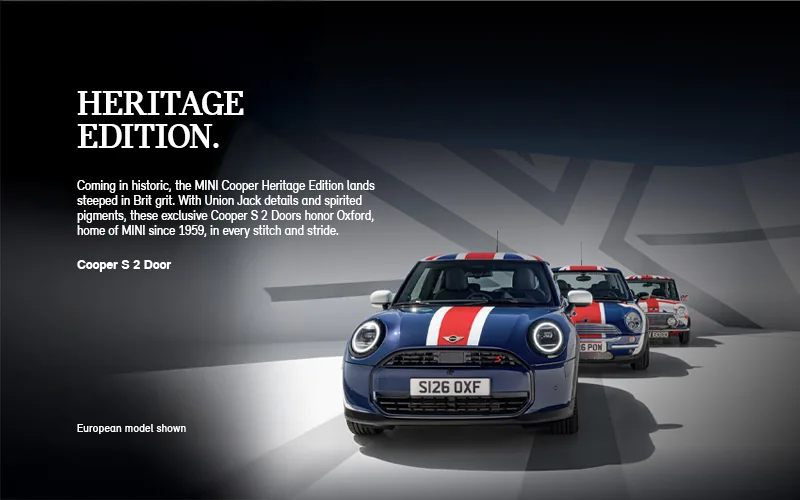 Heritage Edition. Cooper S 2 Door lineup with Union Jack roofs.