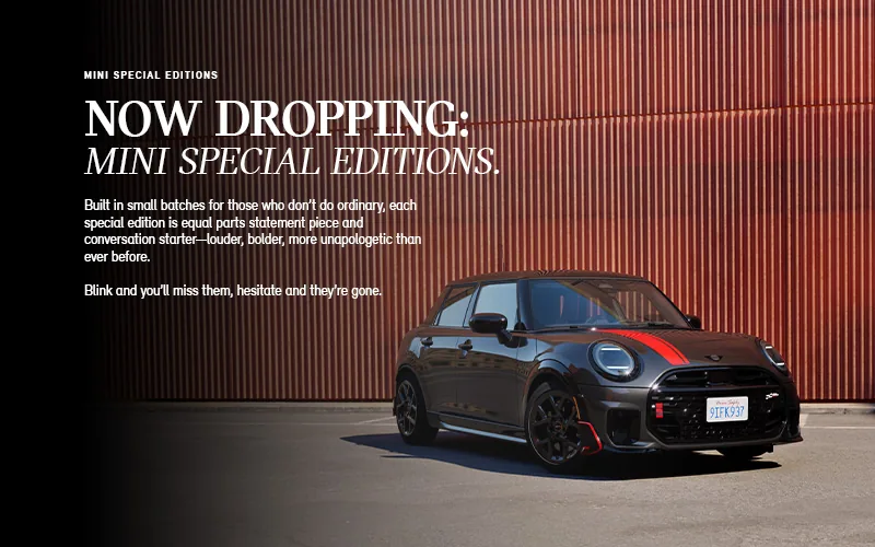 Now dropping: MINI Special Editions. Charcoal Cooper S with Chili Red stripe.