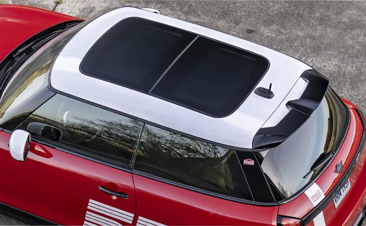 Overhead view of 2026 JCW 2 Door roof and mirror caps.