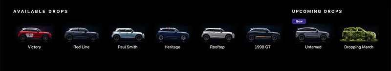 Line up of available and upcoming MINI Special Edition vehicles. Available drops: Victory, Red Line, Paul Smith, Heritage, Rooftop, and 1998 GT. Upcoming drops: Untamed (new) and an edition dropping in March.