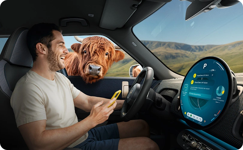 Highland cow looking through the window of a parked MINI Countryman S ALL4 at a driver holding a smartphone inside.