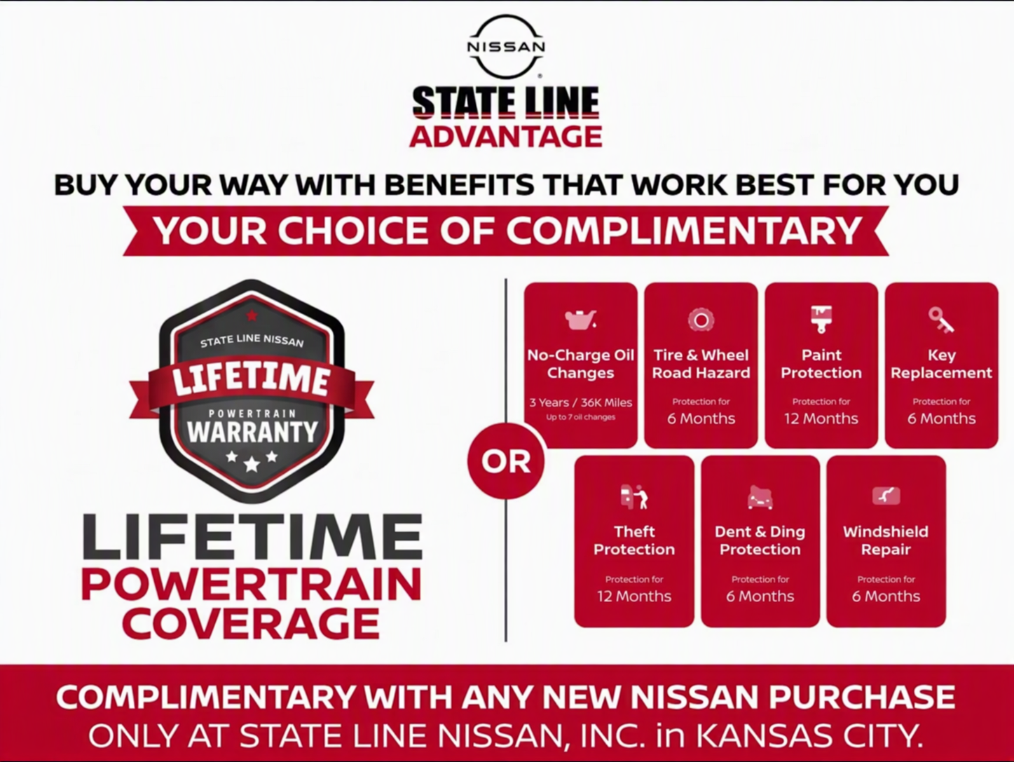 State Line Advantage — your choice of complimentary lifetime powertrain coverage or service benefits with any new Nissan purchase