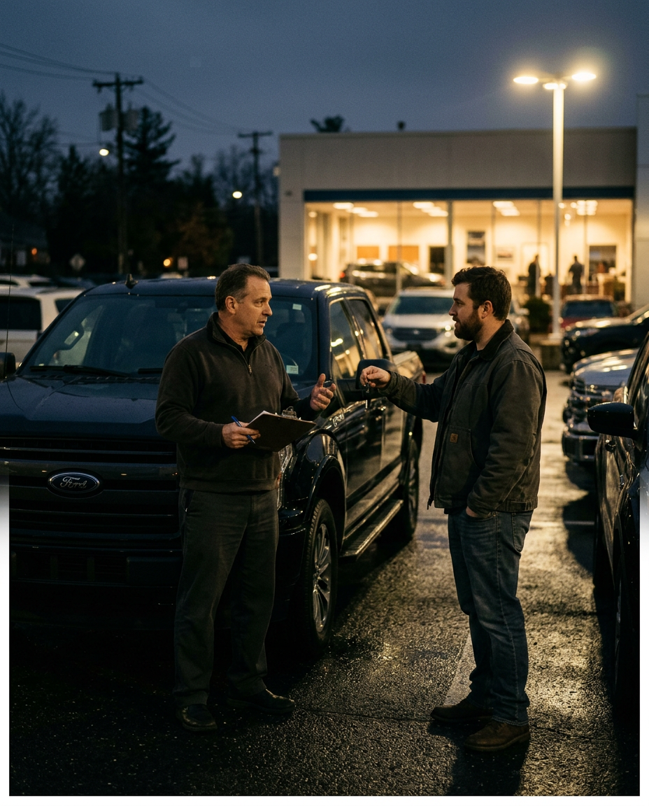 Tom's Ford appraiser reviewing a customer's vehicle on the Keyport lot at dusk