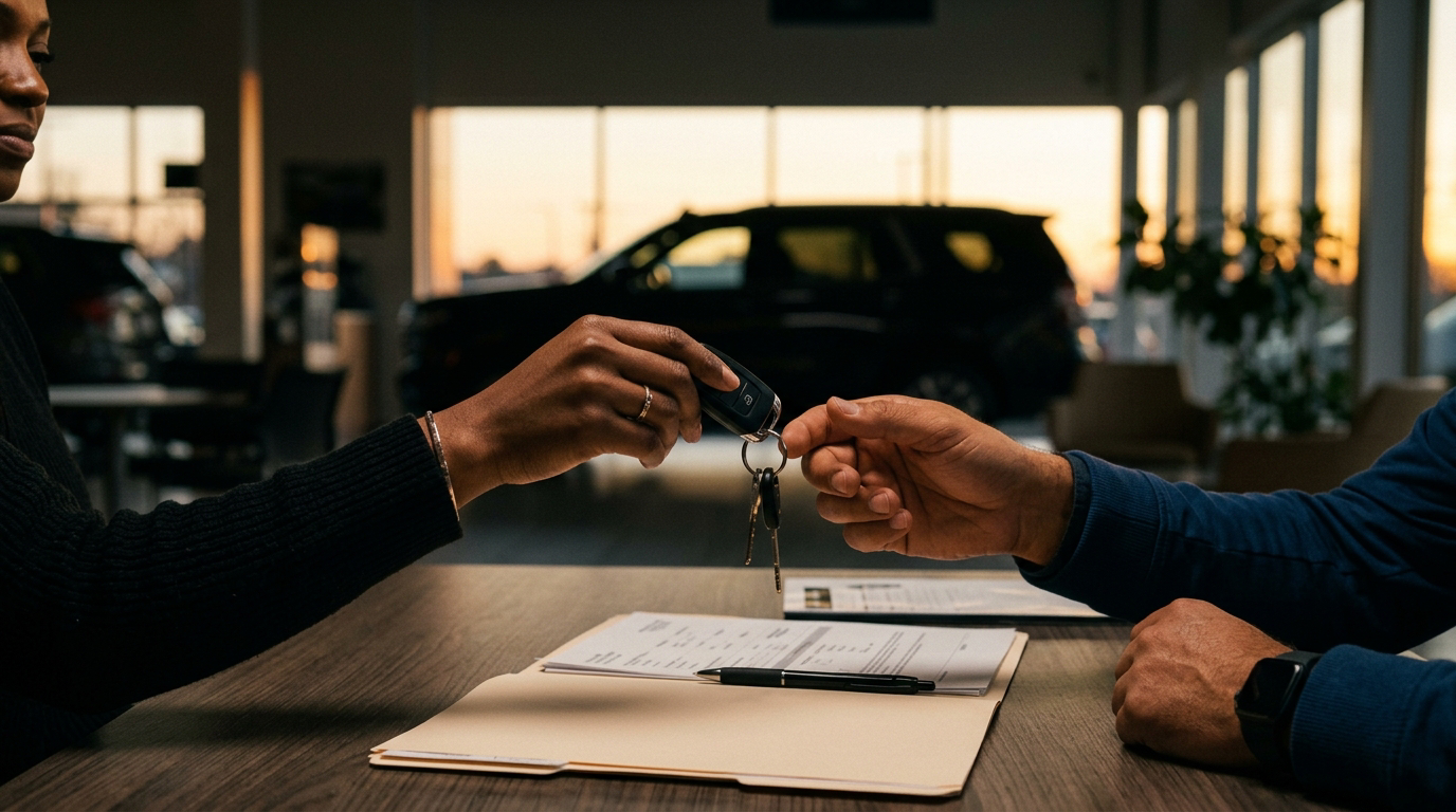Car keys handed across paperwork in the Tom's Ford showroom