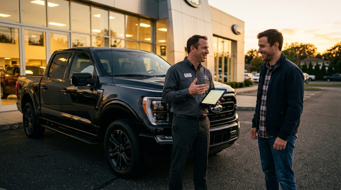 Tom's Ford team appraising a customer's car at the Keyport, NJ dealership