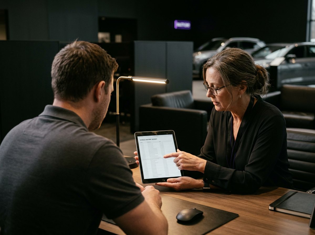 An advisor walking a customer through a vehicle history report at Tom's Ford