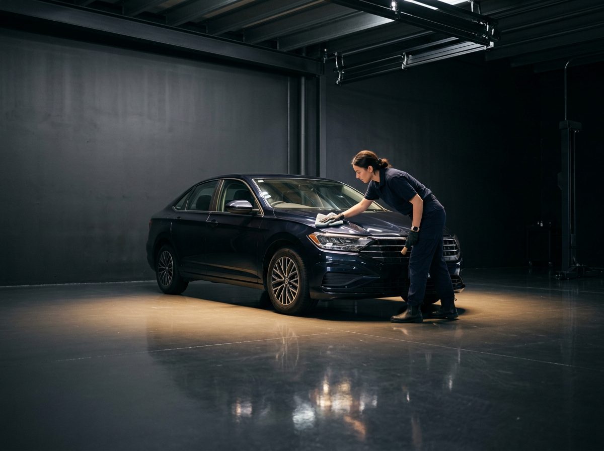 A technician inspecting and detailing a used car in the Tom's Ford reconditioning bay