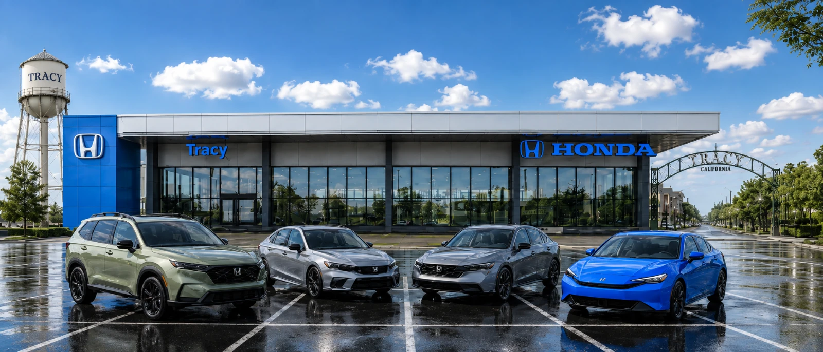 Tracy Honda dealership exterior at golden hour with new Honda vehicles parked in front of the showroom.