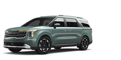 Sage green 2026 Kia Carnival MPV in front three-quarter studio view