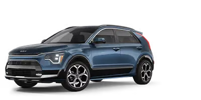 Blue 2026 Kia Niro Plug-in Hybrid crossover in front three-quarter studio view