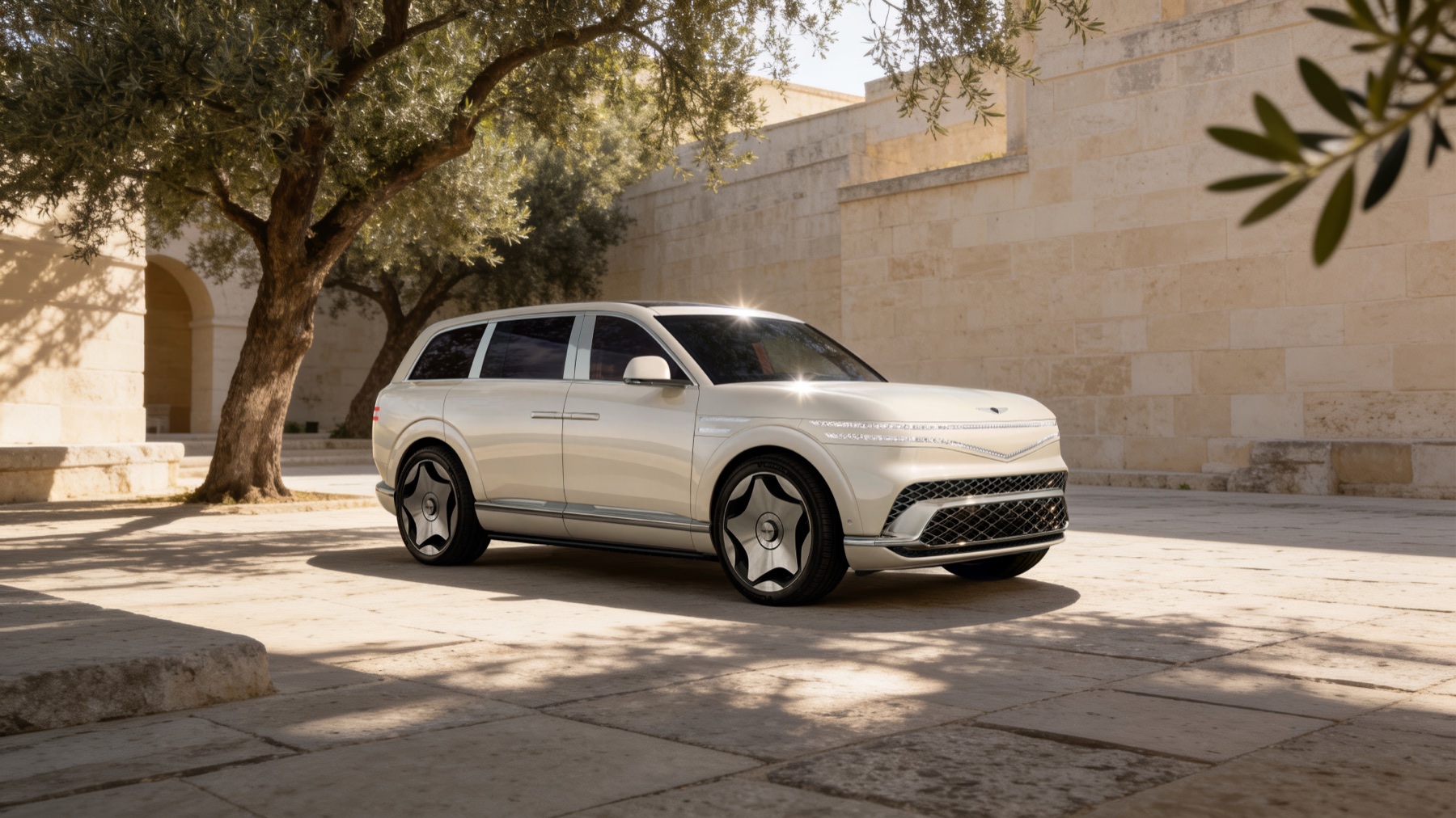 2028 Genesis GV90 Neolun in a sunlit stone courtyard