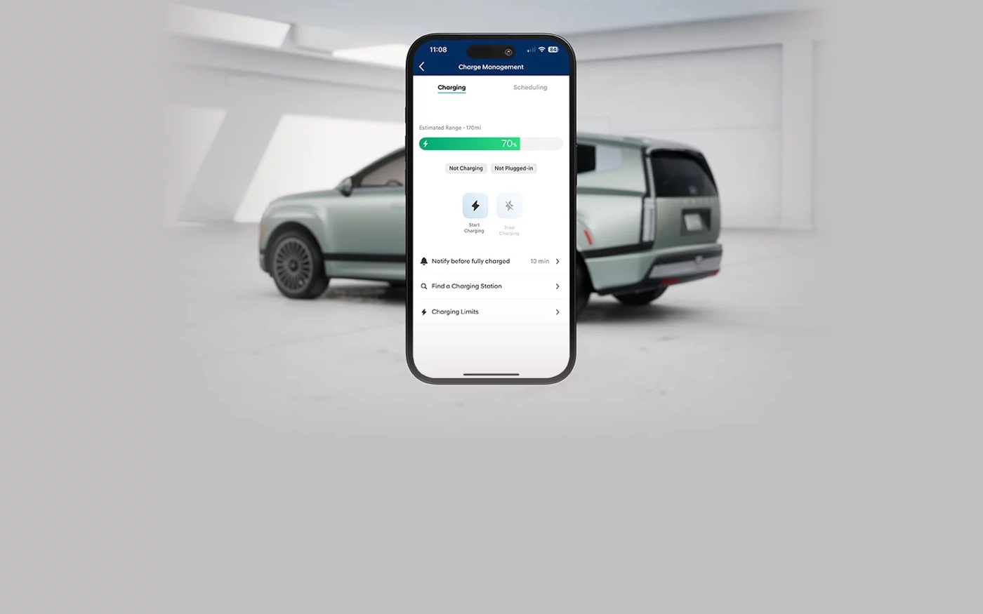 Hyundai Bluelink Charge Management app in front of an IONIQ SUV