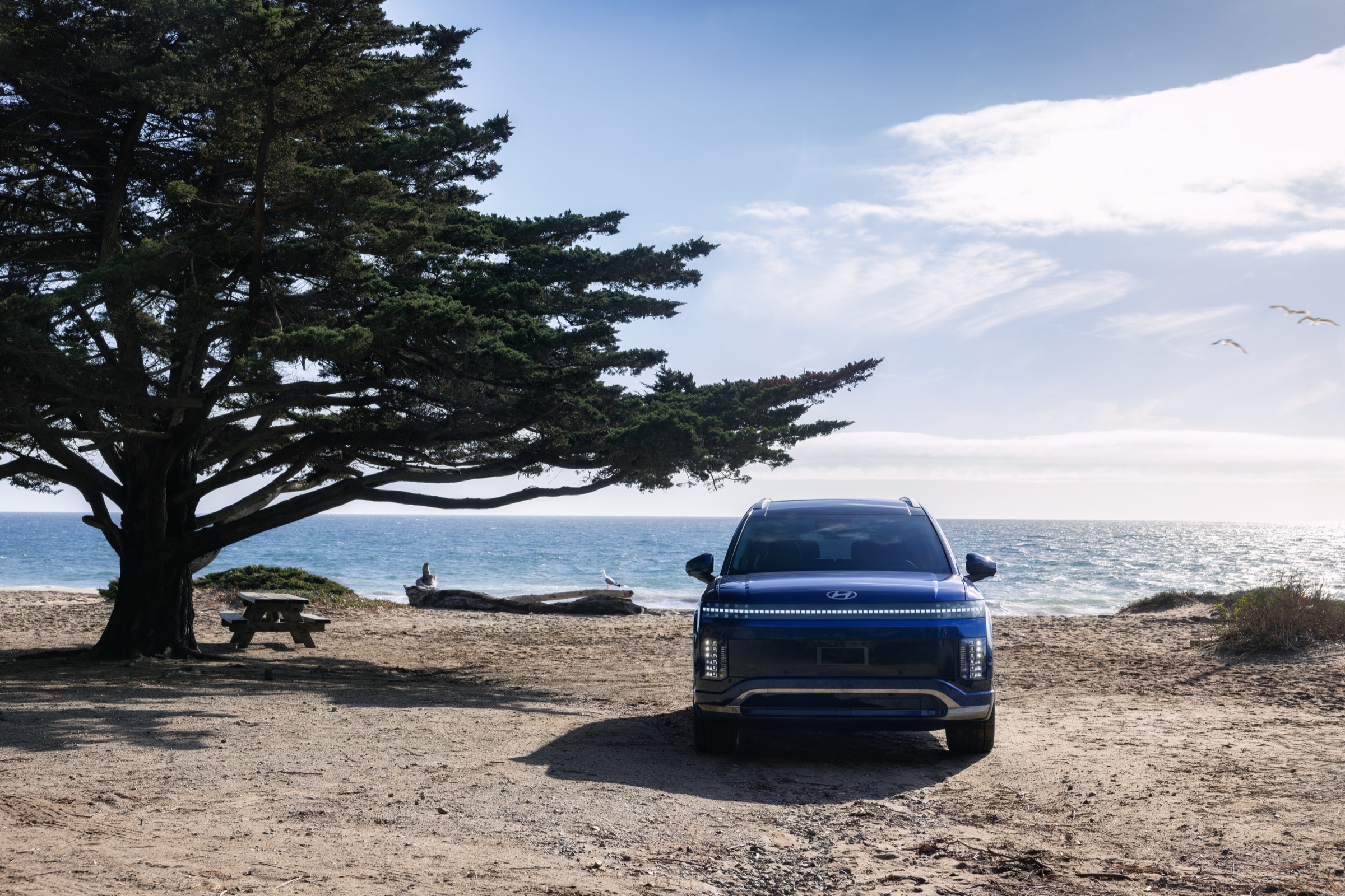 Hyundai electric SUV parked on a beach facing the camera
