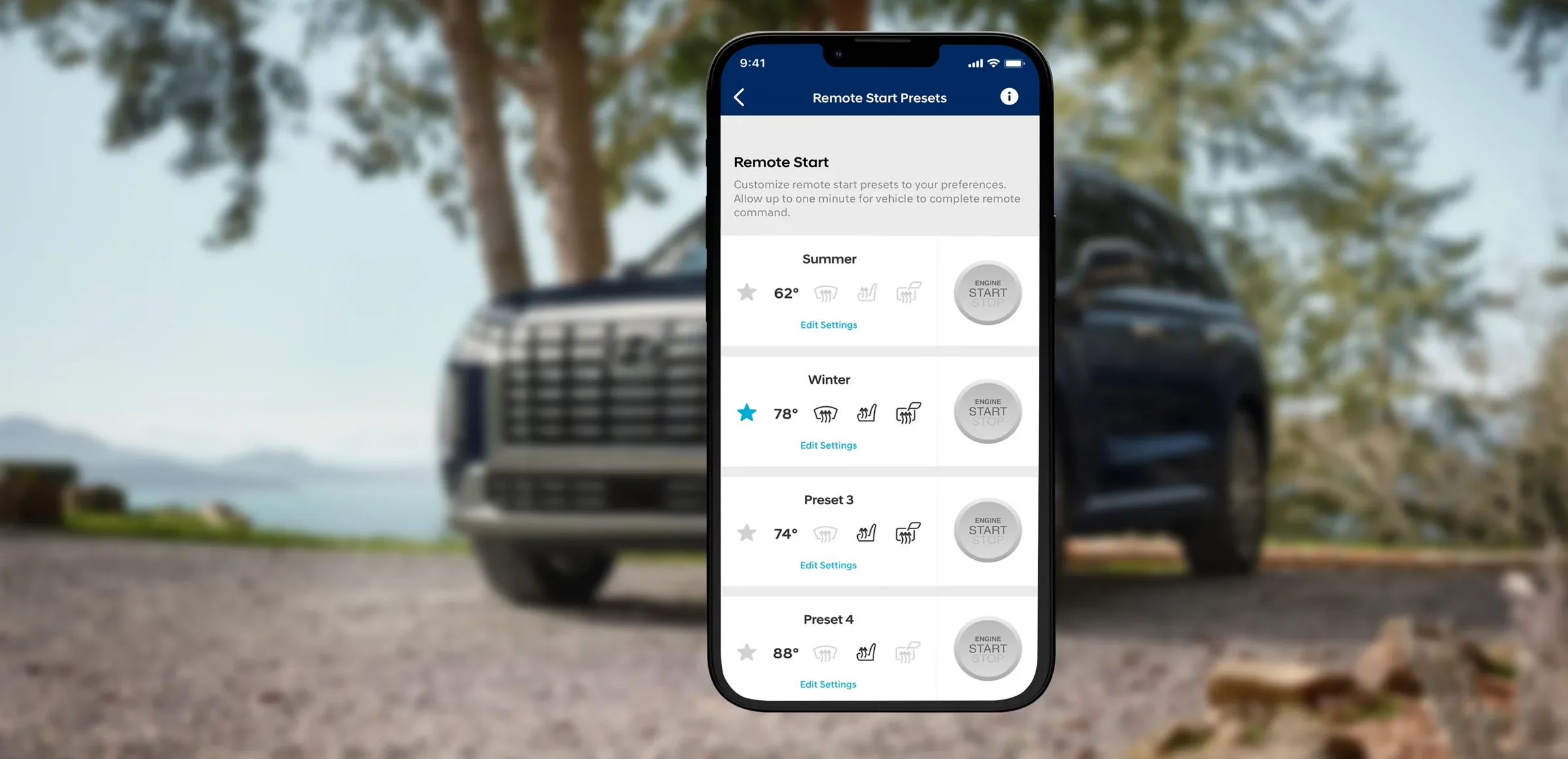 Hyundai Bluelink remote start presets on a smartphone in front of a Palisade