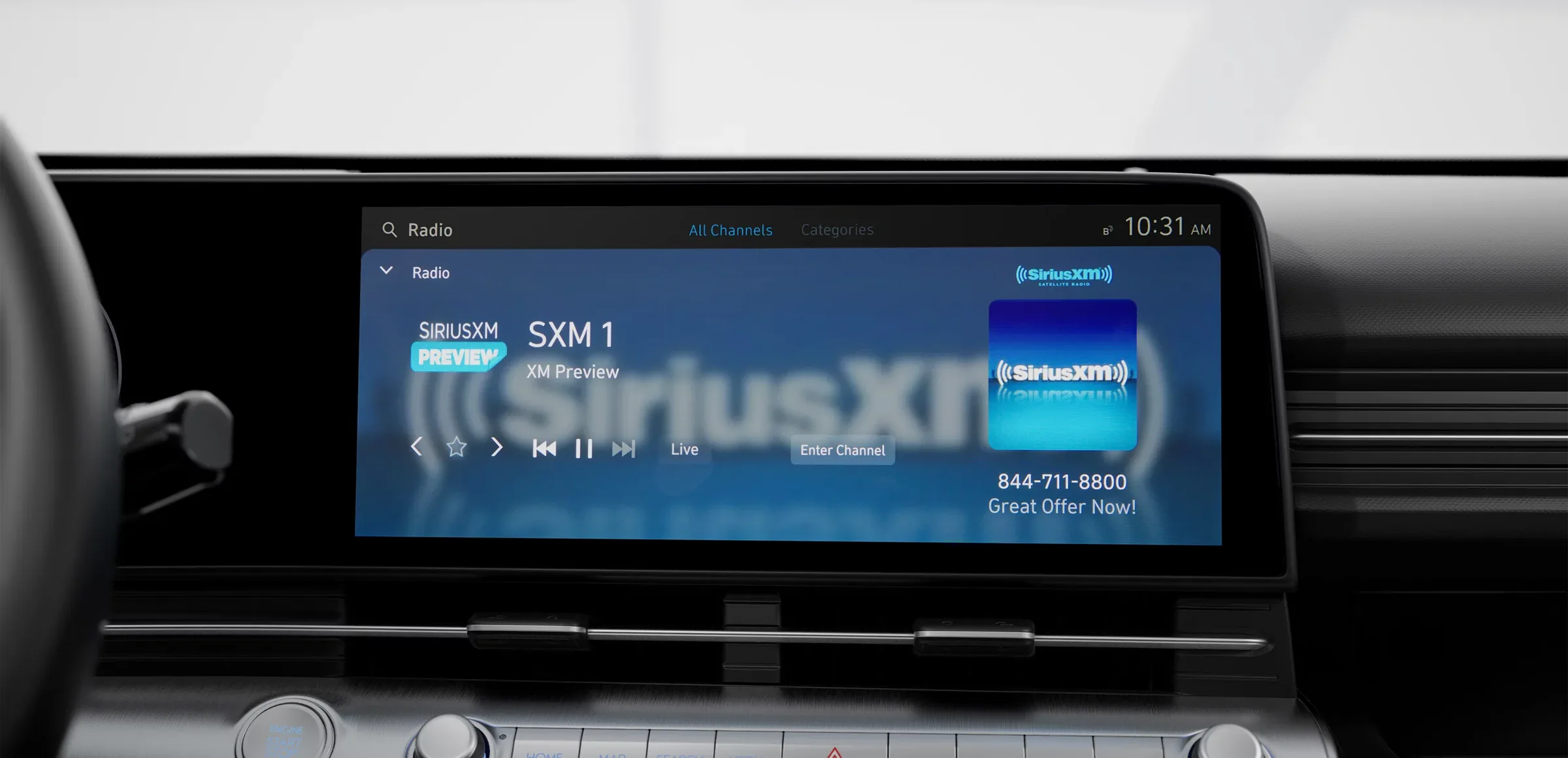 Hyundai infotainment screen playing SiriusXM