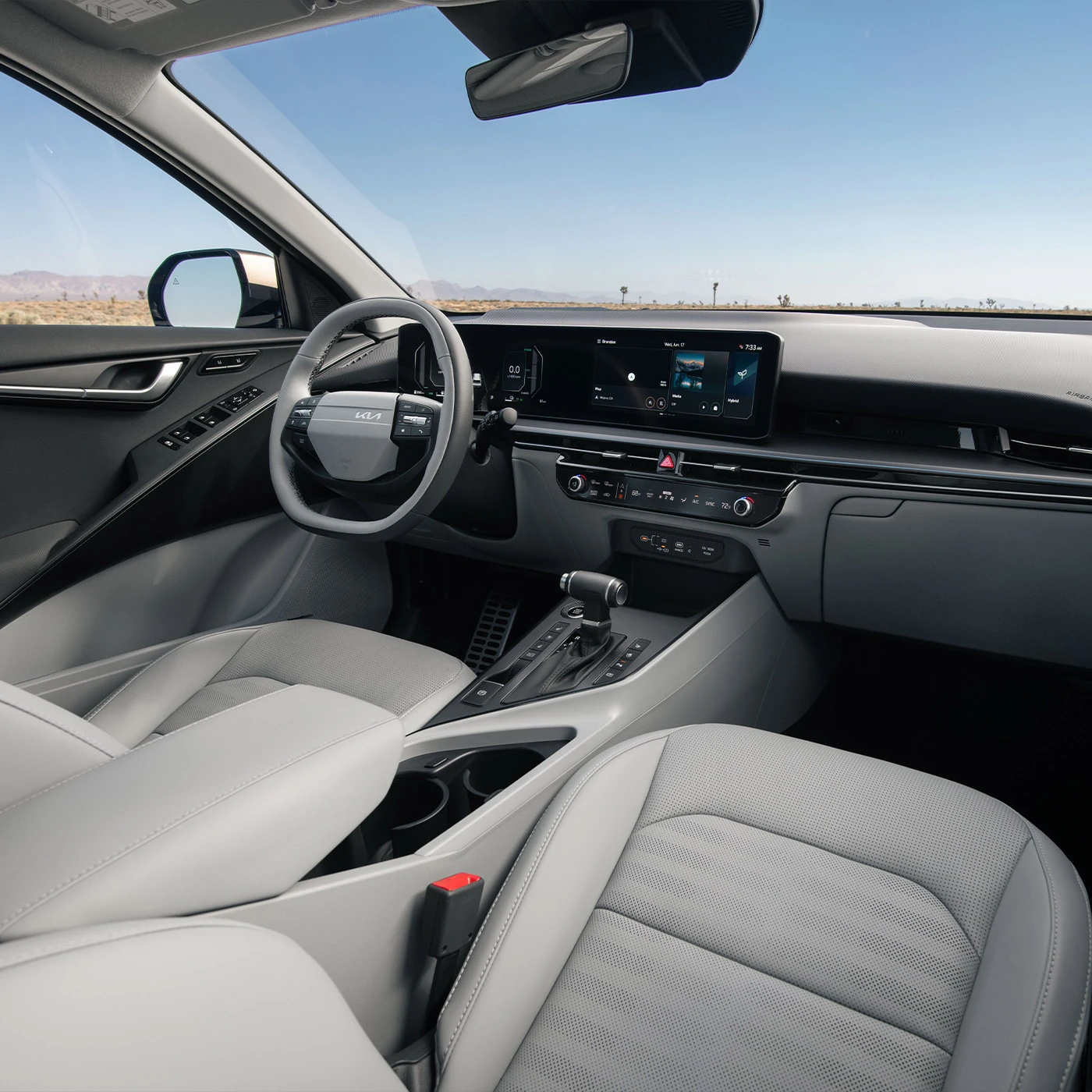 2027 Kia Niro Hybrid interior with Sky Gray seats and dual displays