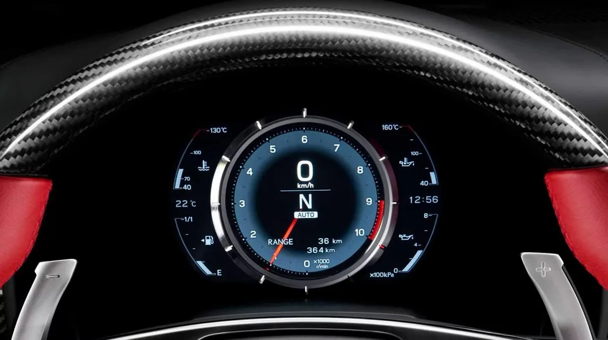 Lexus LFA interior with carbon fiber steering wheel and digital tachometer