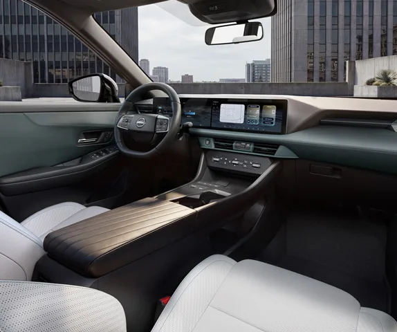 Close-up of the 2027 Nissan Rogue Hybrid dual-display dash and cabin.