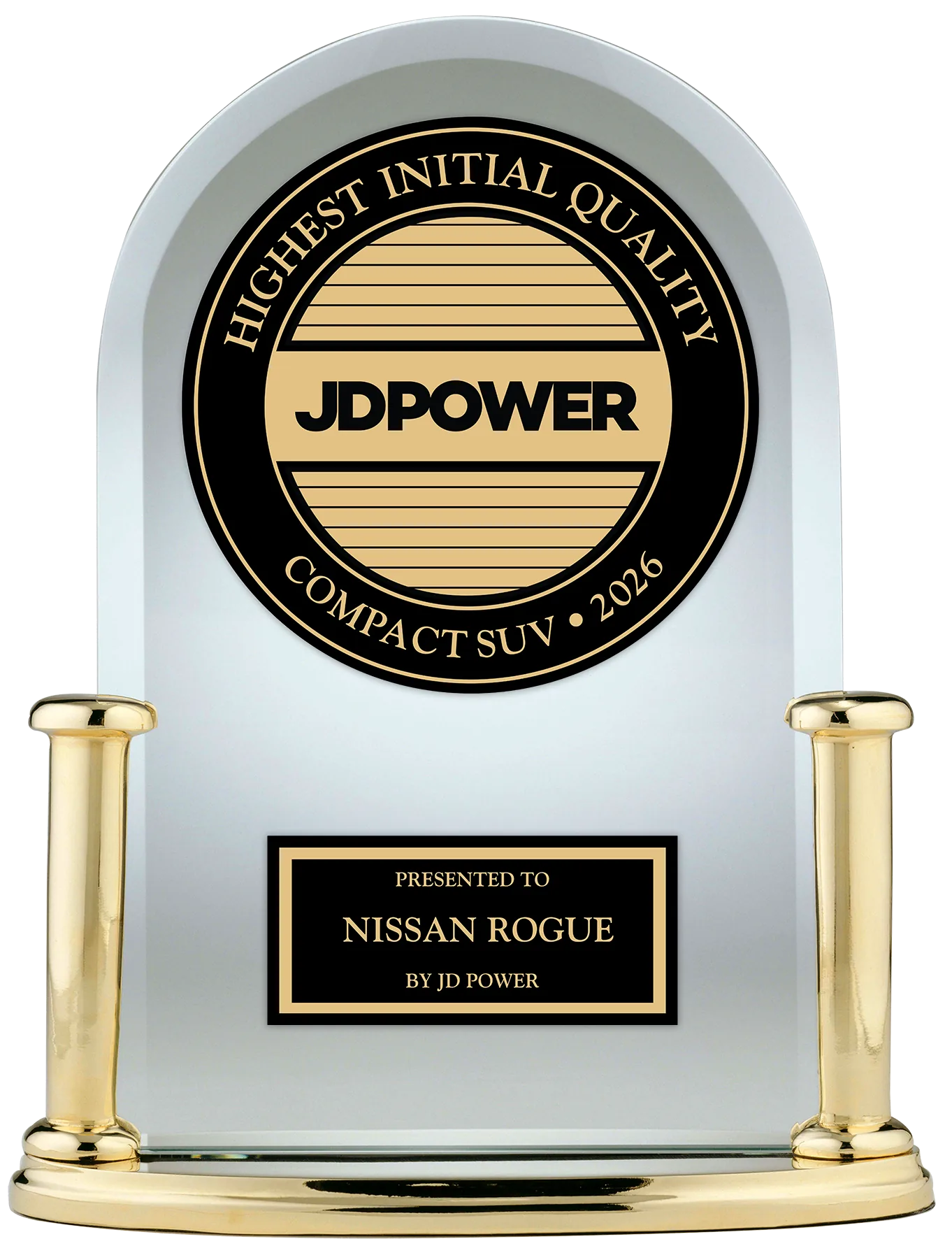 J.D. Power 2026 U.S. Initial Quality Study award trophy for Nissan Rogue, the number one compact SUV for new-vehicle quality.