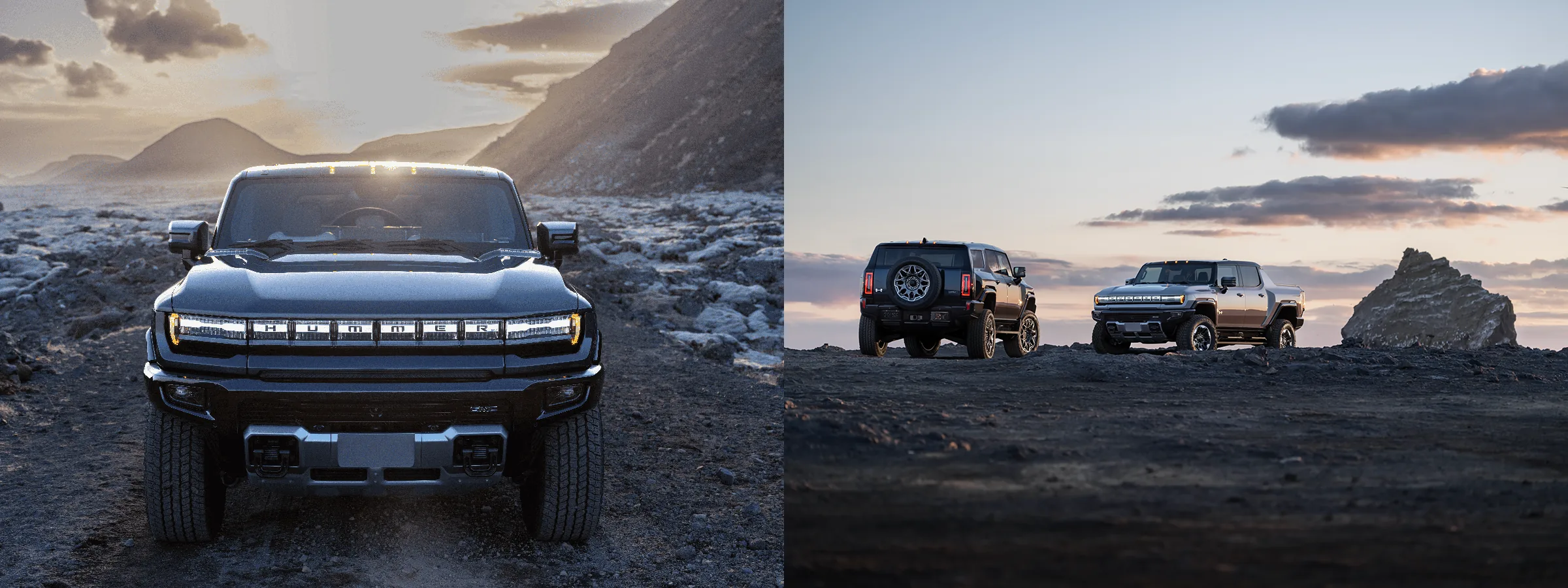 Left: head-on view of a black GMC HUMMER EV Pickup with illuminated grille. Right: GMC HUMMER EV SUV and Pickup parked on rocky terrain at dusk