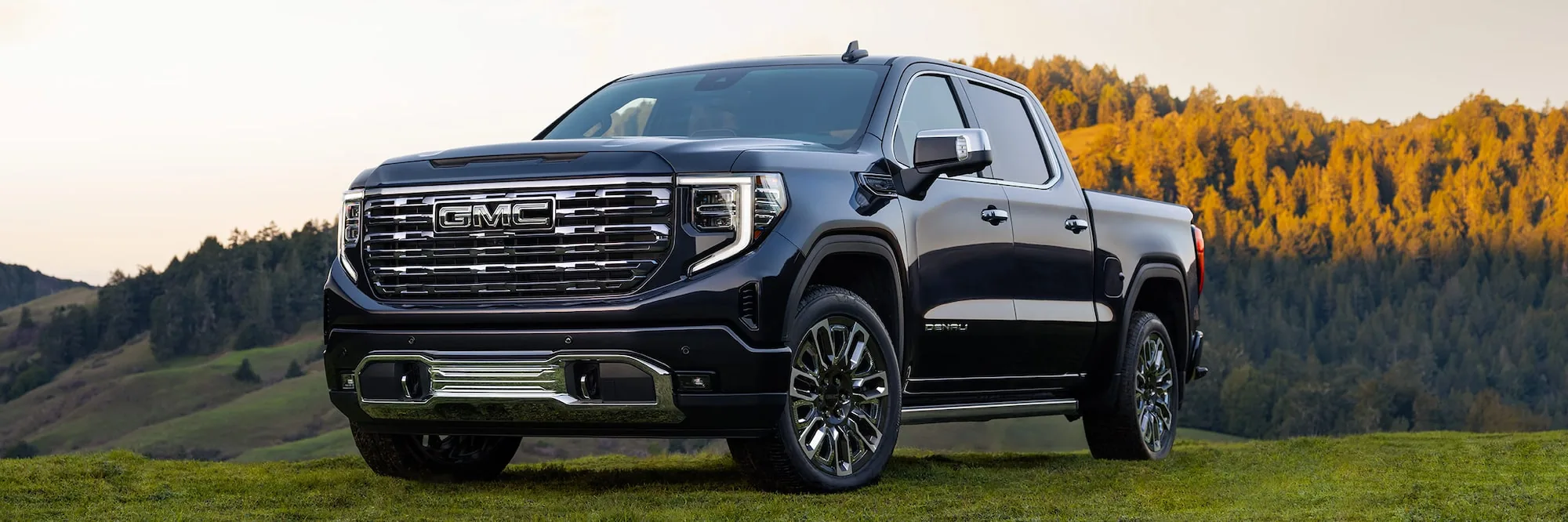 Front three-quarter view of a dark 2026 GMC Sierra 1500 Denali Ultimate pickup parked on a grassy hillside with rolling hills and forest in the distance